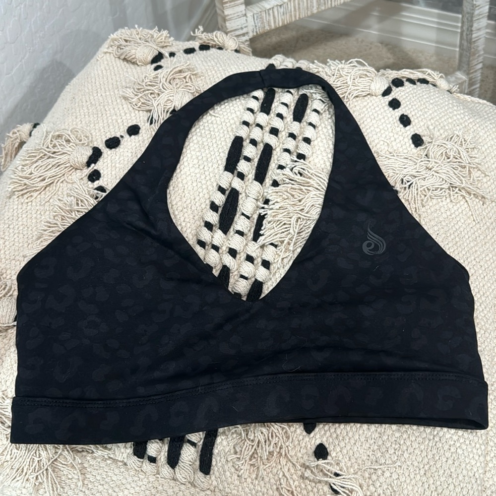 Ryderwear animal print halter sports bar, cup padding removed.